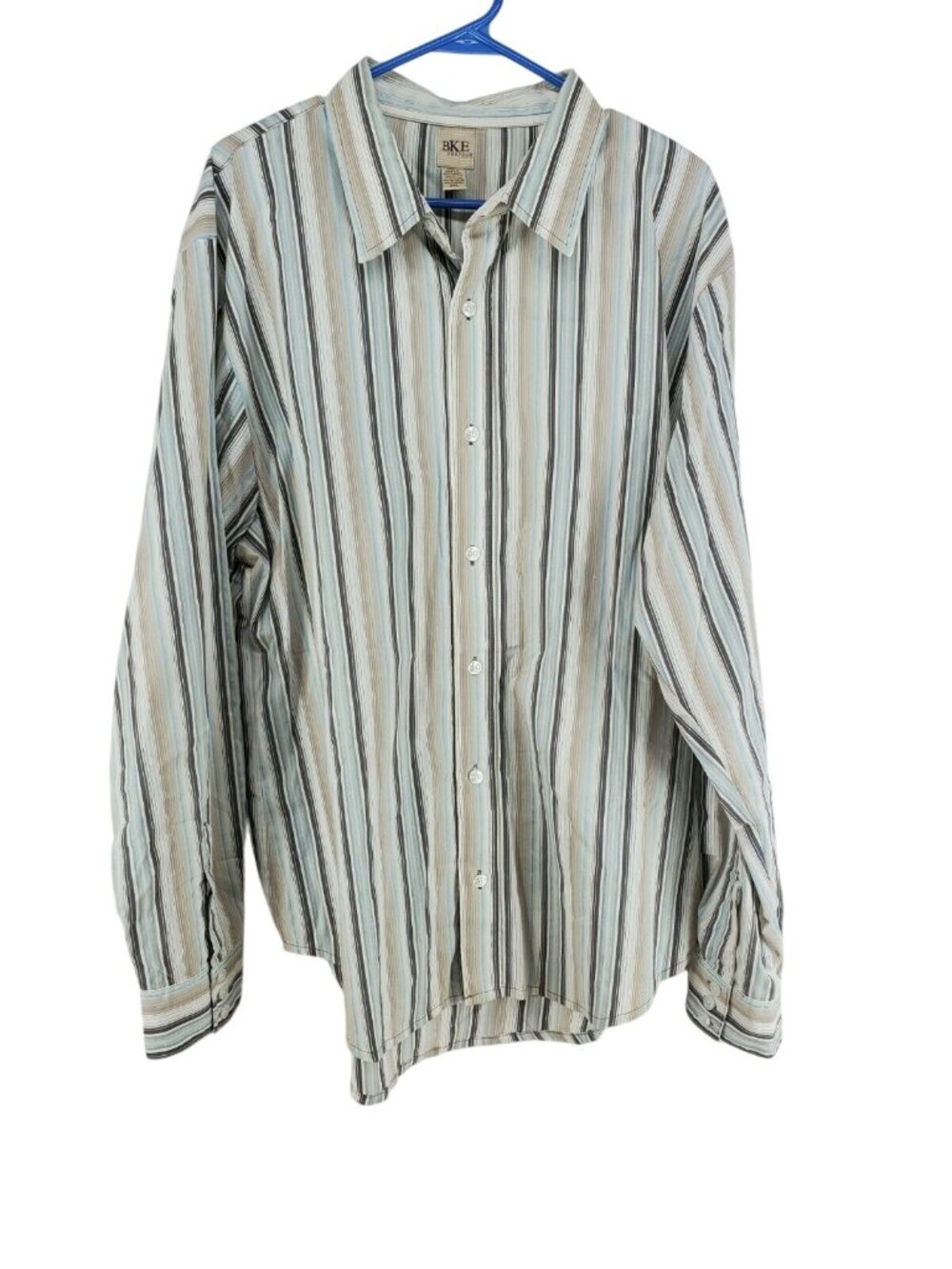 BKE Contour Button Up Shirt Men's Size XXL Stretch Brown Blue Stripes